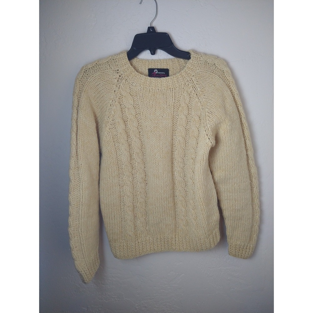 Danspin Denmark Handmade Knit Wool Womens M Pale Yellow Cable Sweater Vintage